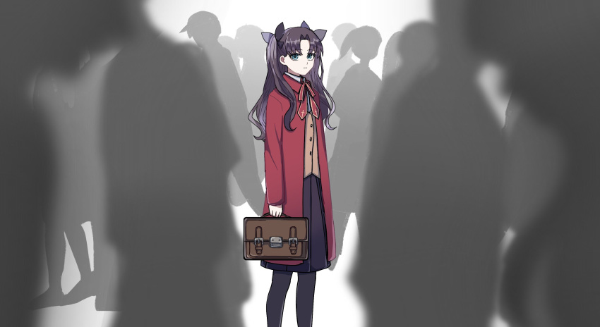 1girl, 6+others, bag, black_hair, black_pantyhose, blue_eyes, coat, commentary_request, expressionless, fate/stay_night, fate_(series), highres, holding, holding_bag, homurabara_academy_school_uniform, long_hair, medium_skirt, multiple_others, ohmoto_9, pantyhose, red_coat, school_uniform, skirt, tohsaka_rin, two_side_up, wavy_hair