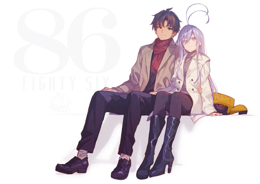 1boy, 1girl, 86_-eightysix-, ahoge, alternate_costume, antenna_hair, black_hair, black_shoes