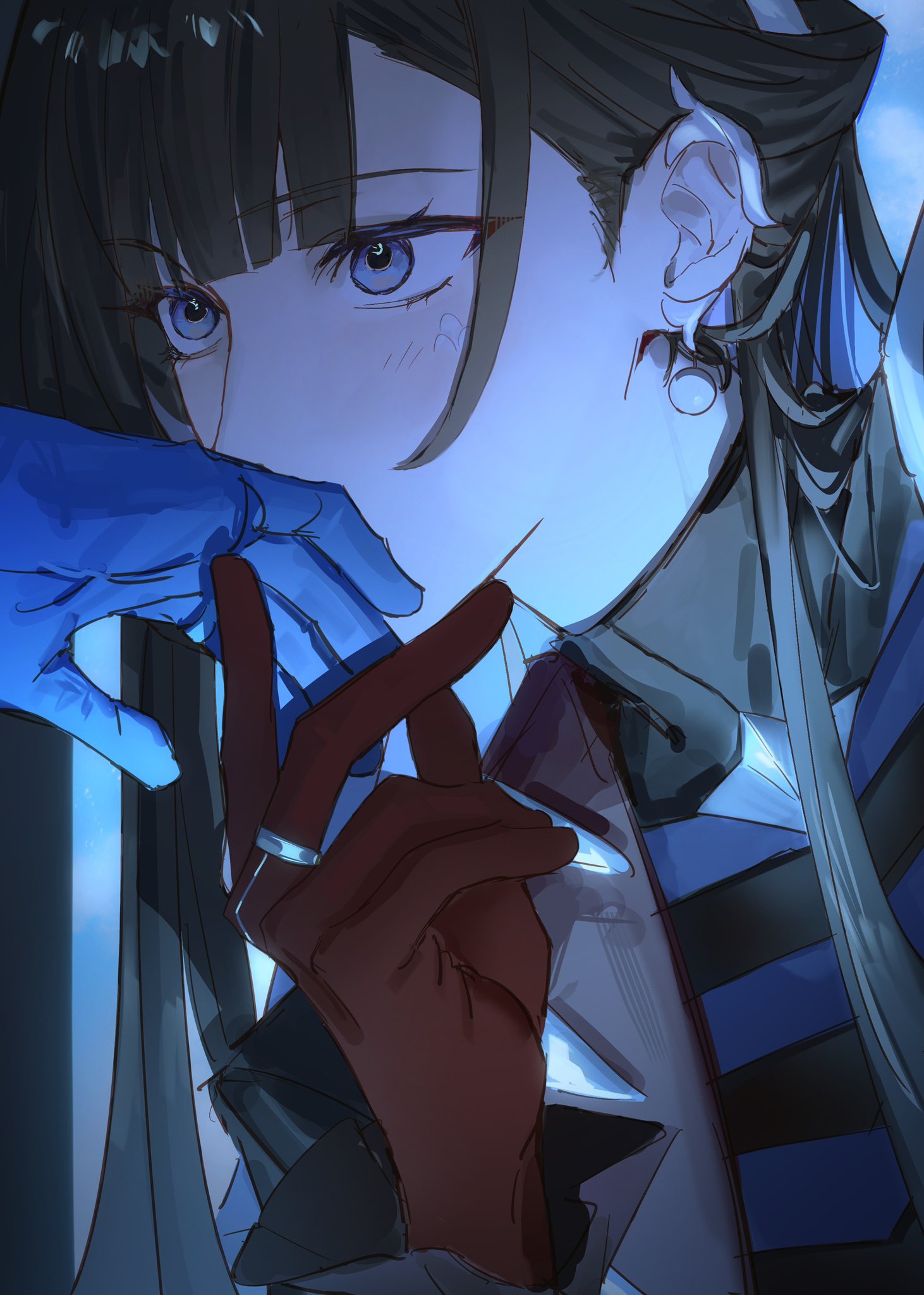 2girls, black_hair, blue_gloves, cerydra_(conquest)_(honkai:_star_rail), cerydra_(honkai:_star_rail), earrings, gem, gloves, highres, honkai:_star_rail, honkai_(series), hysilens_(conquest)_(honkai:_star_rail), hysilens_(honkai:_star_rail), jacket, jewelry, kiss, kissing_hand, light_blush, long_hair, mii_(mii_10297), military_jacket, multiple_girls, pearl_(gemstone), red_gloves, ring, sidelocks, single_earring, solo_focus, very_long_hair, violet_eyes