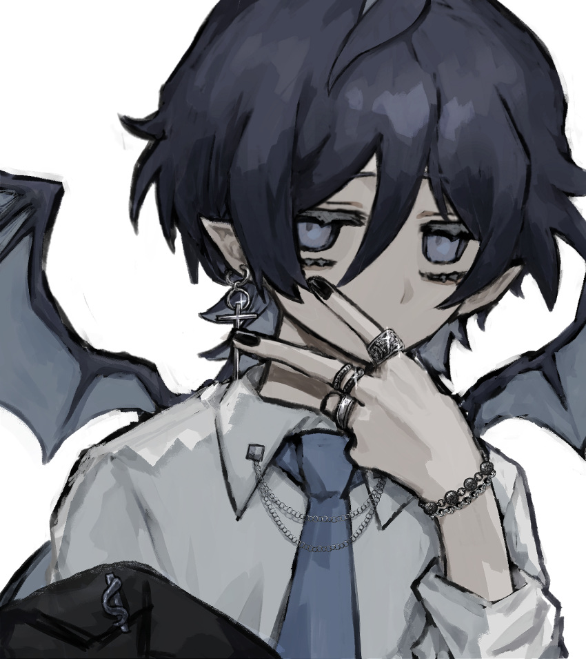 1boy, black_hair, black_jacket, black_nails, blue_eyes, blue_necktie, chain, commission