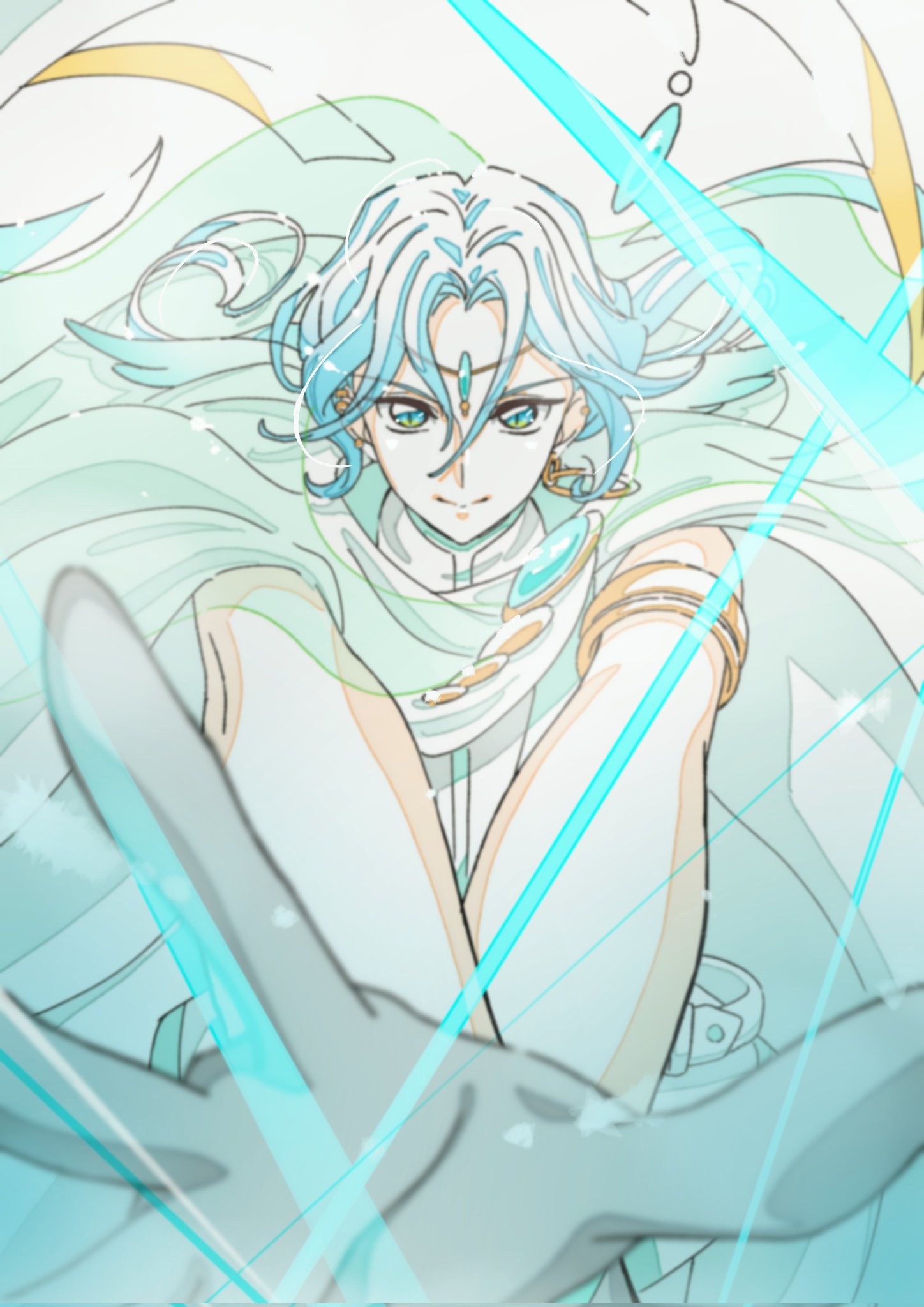 1boy, arm_cuffs, bare_arms, belt, brooch, cloak, closed_mouth, cure_connect