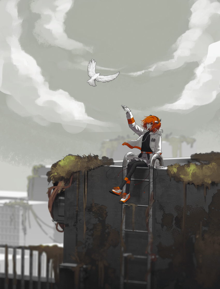 1girl, a.i._voice, absurdres, adachi_rei, arm_up, belt, bird, black_pantyhose, black_shirt, building, cable, clouds, coat, floating_hair, gloves, grey_skirt, haebu, headphones, highres, ladder, long_sleeves, one_side_up, open_clothes, open_coat, orange_eyes, orange_hair, outdoors, overgrown, pale_skin, pantyhose, ruins, shirt, shirt_tucked_in, shoes, sitting, skirt, sneakers, solo, utau, white_coat, white_gloves, wind