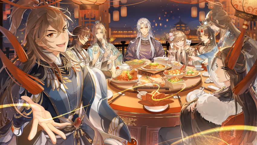 3girls, 5boys, :d, ^_^, abalone, absurdres, animal_on_shoulder, animal_print, aqua_coat, aqua_hanfu, architecture, bare_shoulders, basket, bird_print, black_coat, black_hair, black_hanfu, black_robe, black_sash, black_shirt, blue_hanfu, blue_robe, bow-shaped_hair, bowl, brown_hair, building, chair, changmingsuo, chinese_clothes, chinese_commentary, chinese_food, chopstick_rest, chopsticks, closed_eyes, closed_mouth, coat, collarbone, cooking_pot, crossed_arms, crossed_bangs, cup, curtained_hair, daxiushan, detached_sleeves, dress, earrings, east_asian_architecture, eating, facial_mark, feast, feet_out_of_frame, ferret, fish_(food), flower, folded_napkin, food, food_art, forehead_jewel, fur-trimmed_coat, fur_trim, green_eyes, hair_between_eyes, hair_bun, hair_flower, hair_ornament, hair_stick, half_updo, hanfu, head_on_hands, head_rest, high_ponytail, highres, holding, holding_chopsticks, holding_cup, hua_yi_shanxin_zhiyue, jewelry, ji_yuanqi, lantern, lazy_susan, light_blush, light_particles, light_smile, ling_yan_ru, long_hair, long_sleeves, looking_at_another, looking_at_viewer, looking_back, mandarin_collar, meat, medium_hair, mole, mole_under_eye, monocle, multiple_boys, multiple_girls, night, off-shoulder_dress, off_shoulder, offering_hand, open_clothes, open_coat, orange_eyes, paper_lantern, parted_bangs, parted_lips, pearl_earrings, peony_(flower), pink_flower, pink_hanfu, plate, ponytail, profile, purple_hanfu, purple_robe, qixiong_ruqun, railing, red_lips, red_ribbon, ribbon, robe, sash, see-through_cleavage, see-through_clothes, shirt, shrimp, sidelocks_tied_back, single_hair_bun, sitting, sky_lantern, smile, soup, spoon, squirrel_fish, standing, swept_bangs, table, talking, tassel, teapot, tiny_(0v0), upper_body, v-shaped_eyebrows, very_long_hair, violet_eyes, waist_sash, wei_yang, wen_siyu, white_hair, white_hanfu, white_robe, white_shirt, wide_sleeves, xiao_guan_(headdress), xuan_wangjun, yellow_eyes, yu_ze, yuanlingpao, yue_lian, zhao_yang