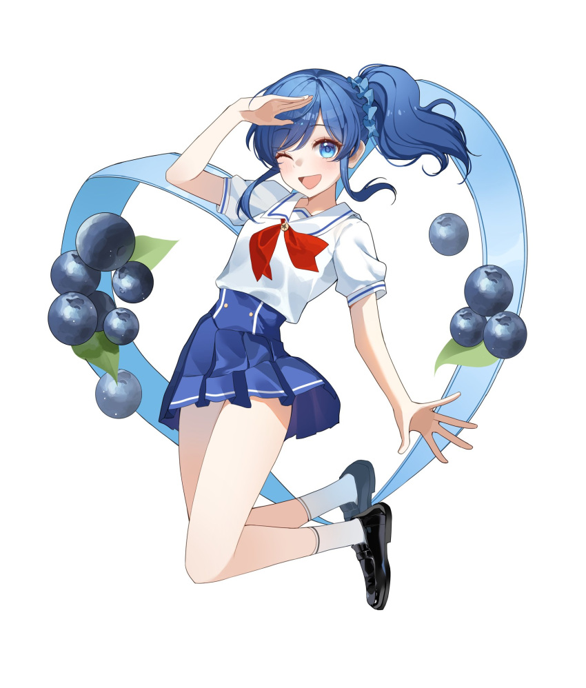 1girl, aikatsu!, aikatsu!_(series), black_shoes, blue_eyes, blue_hair, blue_skirt, blueberry, commentary_request, floating, floating_hair, food, fruit, full_body, hair_ornament, hair_scrunchie, harbet, heart, highres, kiriya_aoi, loafers, long_hair, looking_at_viewer, miniskirt, neckerchief, one_eye_closed, open_mouth, pleated_skirt, puffy_short_sleeves, puffy_sleeves, red_neckerchief, sailor_collar, school_uniform, scrunchie, serafuku, shirt, shoes, short_sleeves, side_ponytail, skirt, smile, socks, solo, starlight_academy_school_uniform, summer_uniform, white_background, white_sailor_collar, white_shirt, white_socks