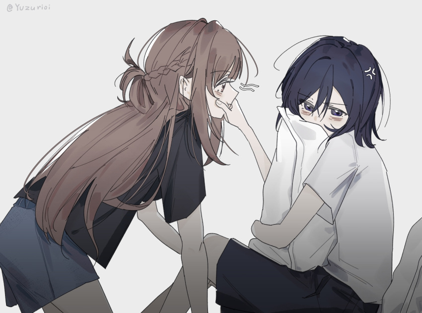 2girls, anger_vein, black_shirt, black_shorts, blue_eyes, blue_hair, blue_shorts, blush, braid, brown_hair, cheek_squash, commentary, grey_background, half_up_braid, hand_on_another's_face, hugging_object, long_hair, medium_hair, miyagi_shiori, multiple_girls, pillow, pillow_hug, sasagawa_yuki, sendai_hazuki, shirt, shorts, shuuniichido_classmate_wo_kau_hanashi, simple_background, white_shirt, yuri
