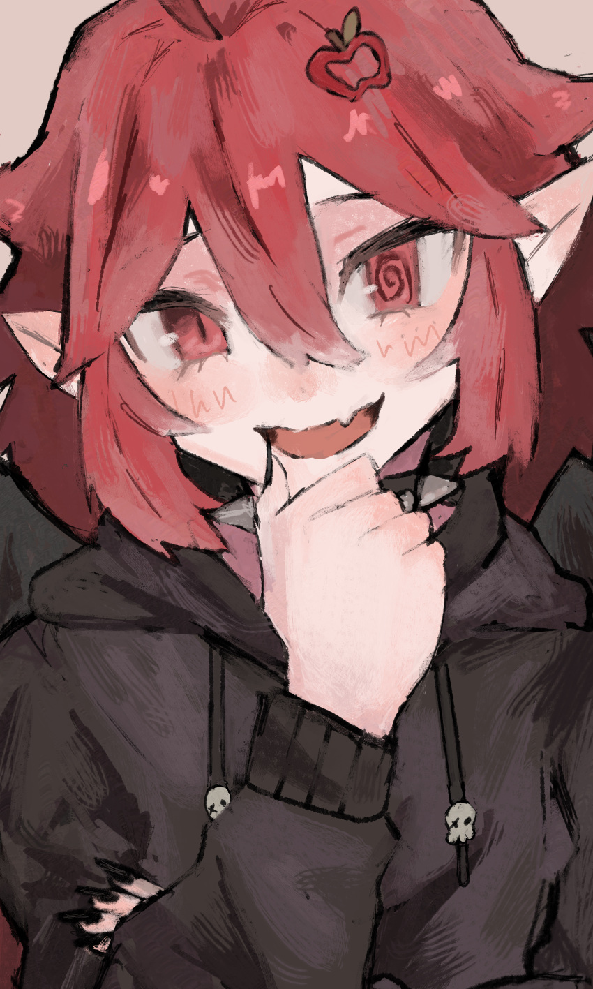 1girl, @_@, absurdres, apple_hair_ornament, black_hoodie, collar, commission, commissioner_upload