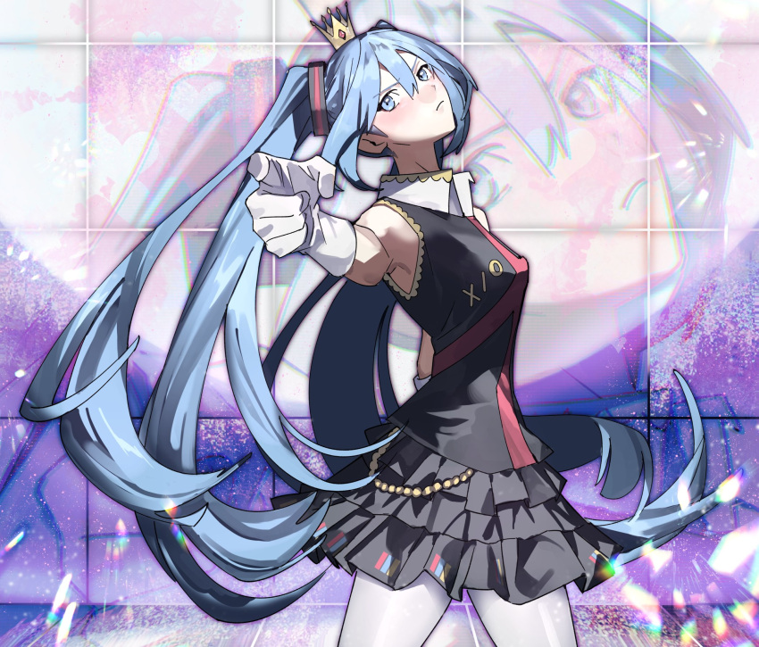 1girl, black_shirt, blue_eyes, blue_hair, breasts, commentary_request, cowboy_shot, crown