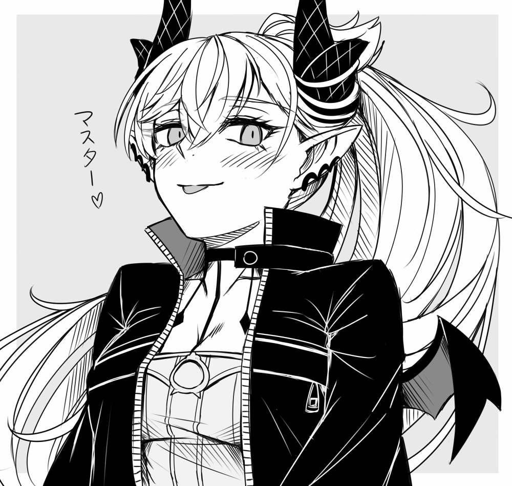 1girl, blush, breasts, demon_horns, fate/grand_order, fate_(series), greyscale, horns, jacket, lilith_(fate), lilith_(over_the_same_sky)_(fate), medium_breasts, monochrome, neck_tattoo, open_clothes, open_jacket, ponytail, sanmoto_gorouzaemon, solo, tattoo, tongue, tongue_out, upper_body, wings