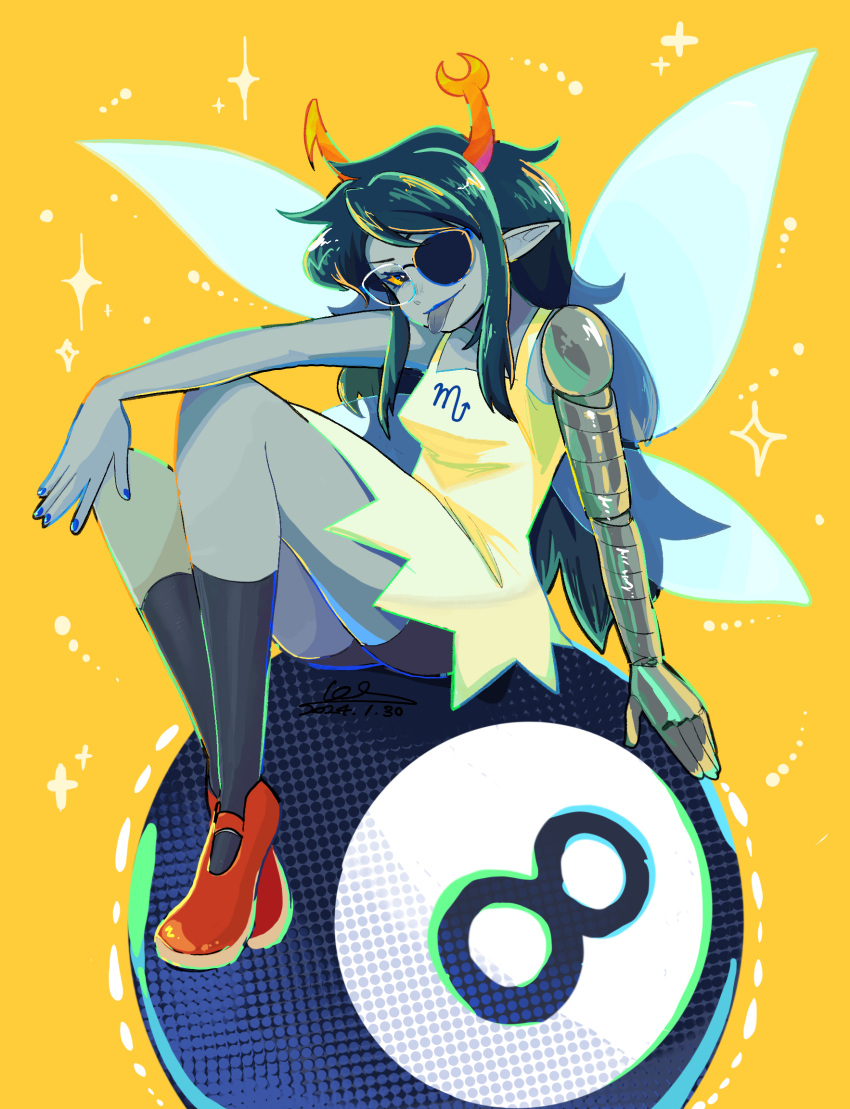 1girl, 8-ball, bike_shorts, black_shorts, black_socks, blue_lips, colored_sclera, colored_skin