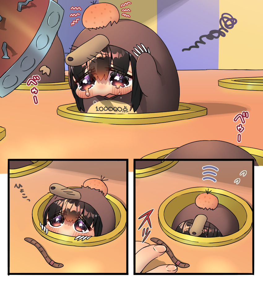 1girl, 1other, beaver_girl, black_hair, blush, chibi, commentary_request, crying