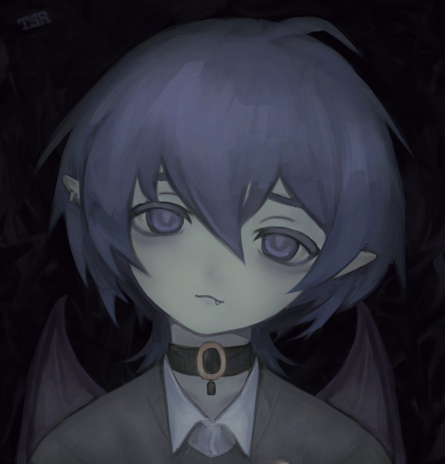 1boy, :3, black_background, black_choker, blue_eyes, blue_hair, brown_sweater, caelum_(utatatane)