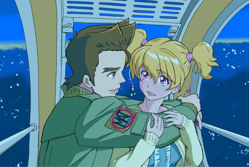 amusement_park, blonde_hair, blunt_bangs, breasts, brown_hair, cardigan, chinen_daisuke, couple