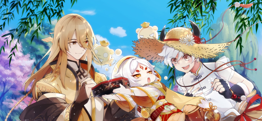 3boys, :d, :o, absurdres, age_difference, black_bridal_gauntlets, black_gloves, black_shawl