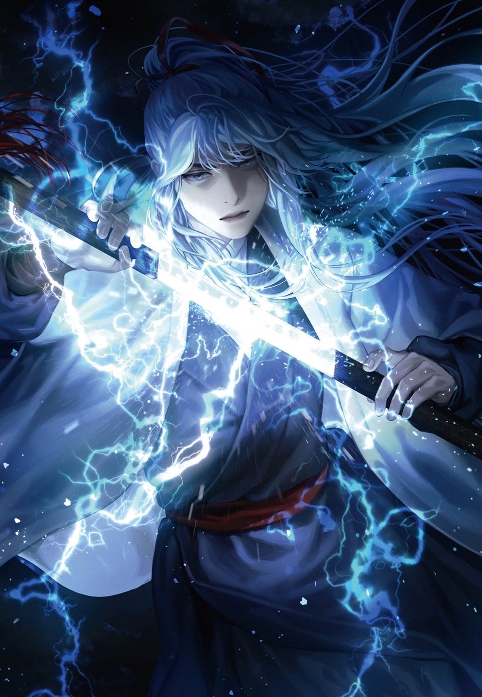 1boy, black_hanbok, blackbox_(blackbox9158), blue_eyes, blue_hair, glowing, hanbok, high_ponytail, highres, holding, holding_sword, holding_weapon, korean_clothes, kyrgios_rodgraim, lightning, long_hair, looking_at_viewer, male_focus, official_art, omniscient_reader's_viewpoint, ponytail, robe, serious, sheath, solo, sword, tassel, third-party_source, unsheathing, weapon, white_robe