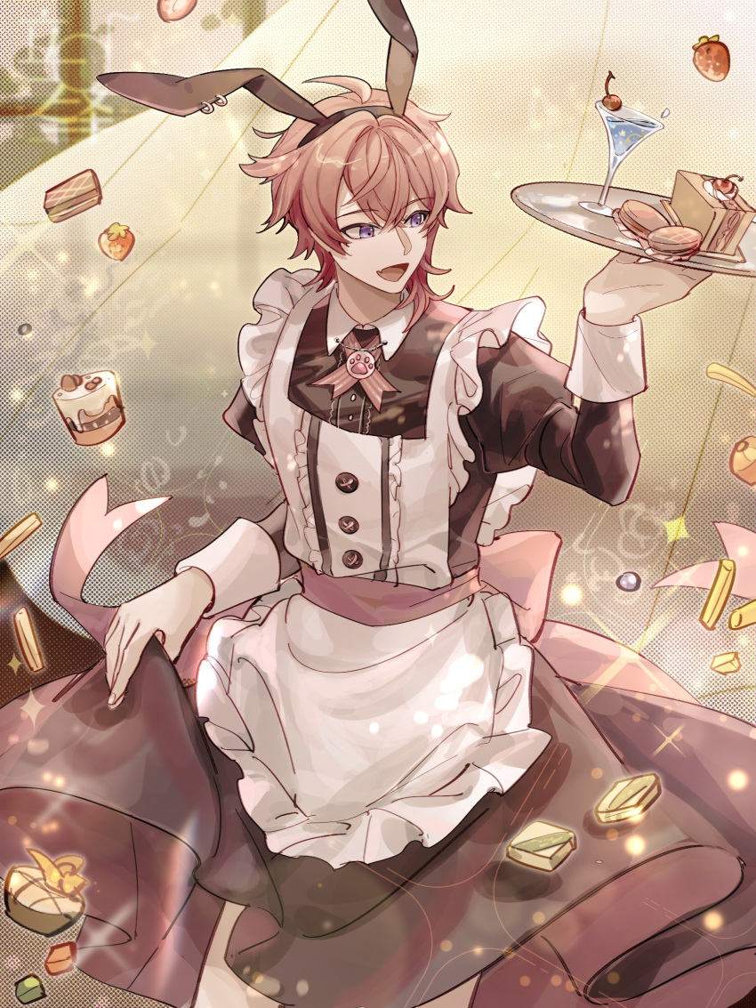 1boy, :d, animal_ear_hairband, animal_ear_piercing, animal_ears, apron, back_bow, black_dress