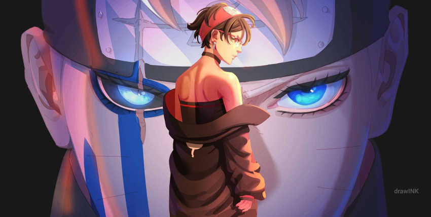 1boy, 1girl, artist_name, bare_shoulders, black_choker, black_hair, black_jacket, black_sclera, black_tube_top, blonde_hair, blue_eyes, boruto:_two_blue_vortex, choker, colored_sclera, commentary, drawink, earrings, facial_mark, facial_tattoo, forehead_protector, glasses, hairband, highres, jacket, jewelry, karma_(naruto), looking_back, mangekyou_sharingan, mismatched_sclera, naruto_(series), off_shoulder, parted_lips, pink_lips, red_eyes, red_hairband, rimless_eyewear, scar, scar_across_eye, scar_on_face, sharingan, short_hair, shoulder_blades, strapless, tattoo, tube_top, uchiha_sarada, uzumaki_boruto, whisker_markings