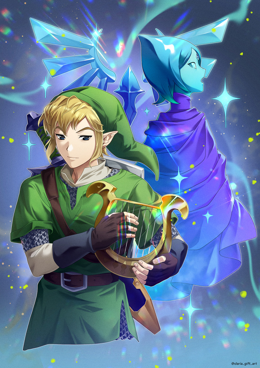 1boy, 1girl, armor, artist_name, belt, blonde_hair, blue_eyes, blue_hair, blue_skin, cape, chainmail, colored_skin, dariagiftstuff, fi_(zelda), fingerless_gloves, forehead_jewel, gloves, green_tunic, harp, highres, hylian_crest, instrument, link, pointy_ears, shield, sword, the_legend_of_zelda, the_legend_of_zelda:_skyward_sword, tunic, weapon