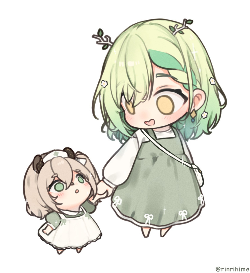 2girls, :o, aged_down, arms_at_sides, bag, blonde_hair, braid, ceres_fauna