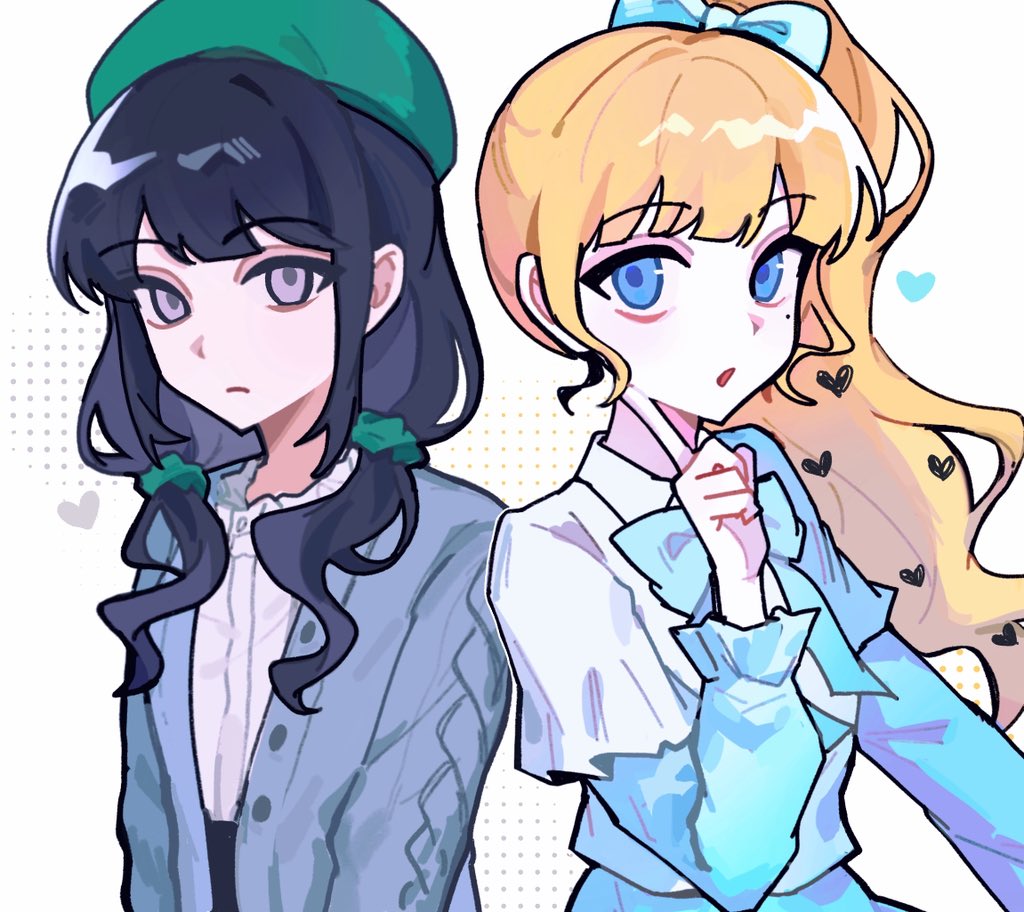 2girls, beret, black_hair, blonde_hair, blue_bow, blue_eyes, blunt_bangs, book_off