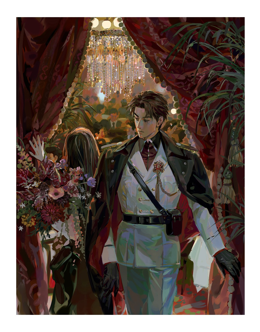 1boy, 1girl, anthurium, belt, belt_pouch, black_coat, black_dress, black_eyes