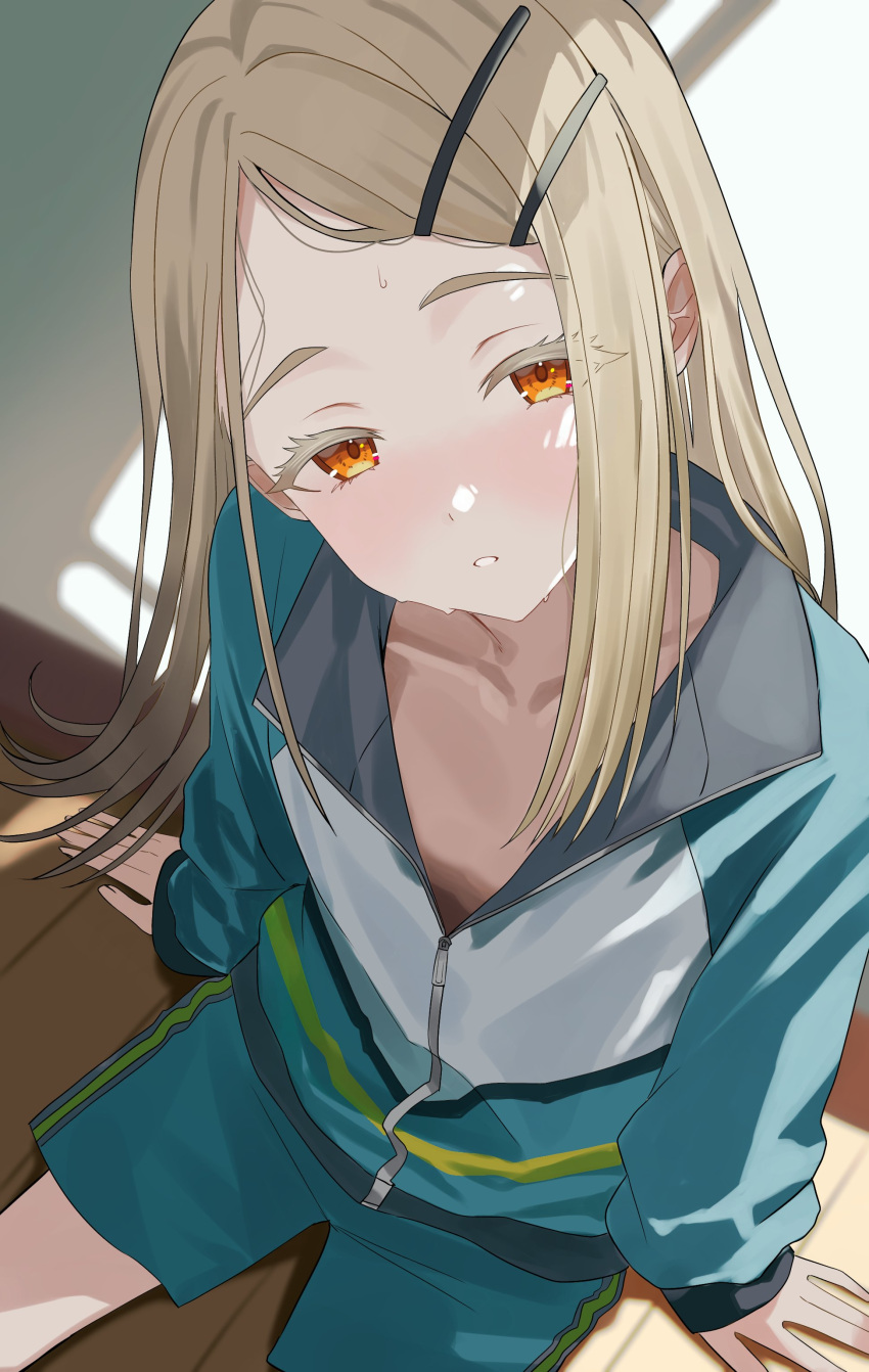 1girl, absurdres, blonde_hair, blue_jacket, blue_shorts, blush, collarbone, colored_eyelashes