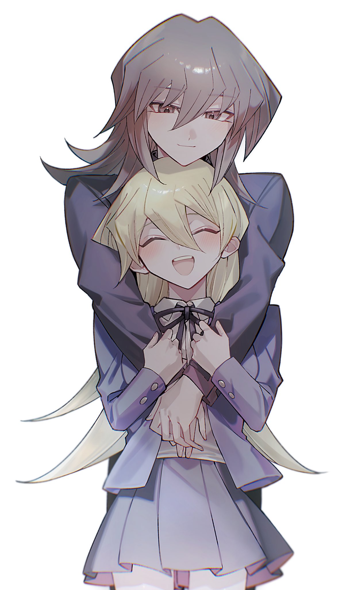 1boy, 1girl, aged_down, black_bow, blonde_hair, blush, bow, brother_and_sister