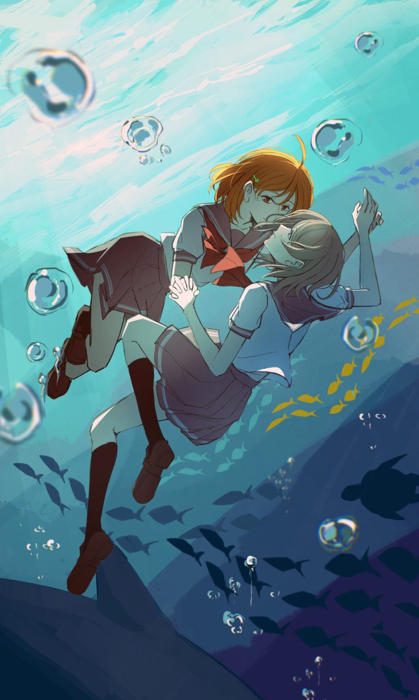 2girls, absurdres, ahoge, air_bubble, ajie_(changemyself), arm_up, black_socks, bow, bowtie, brown_hair, brown_shoes, bubble, chinese_commentary, closed_mouth, commentary_request, highres, holding_hands, interlocked_fingers, kneehighs, loafers, love_live!, love_live!_sunshine!!, multiple_girls, ocean, orange_hair, pink_sailor_collar, pink_skirt, pleated_skirt, red_bow, red_bowtie, red_eyes, sailor_collar, school_of_fish, shirt, shoes, short_hair, short_sleeves, silhouette, skirt, smile, socks, takami_chika, underwater, watanabe_you, white_shirt, yuri