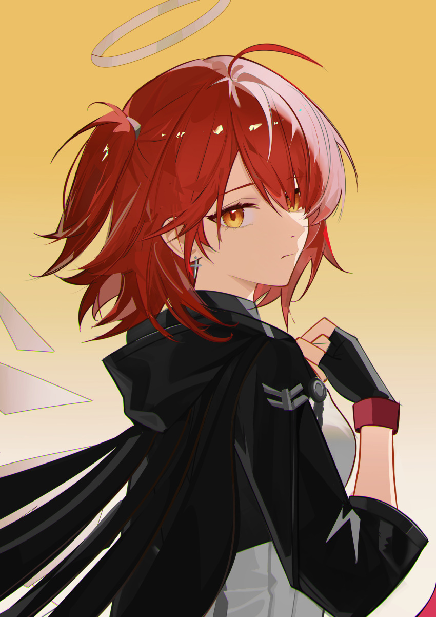 1girl, absurdres, ahoge, arknights, black_gloves, black_jacket, brown_background, closed_mouth