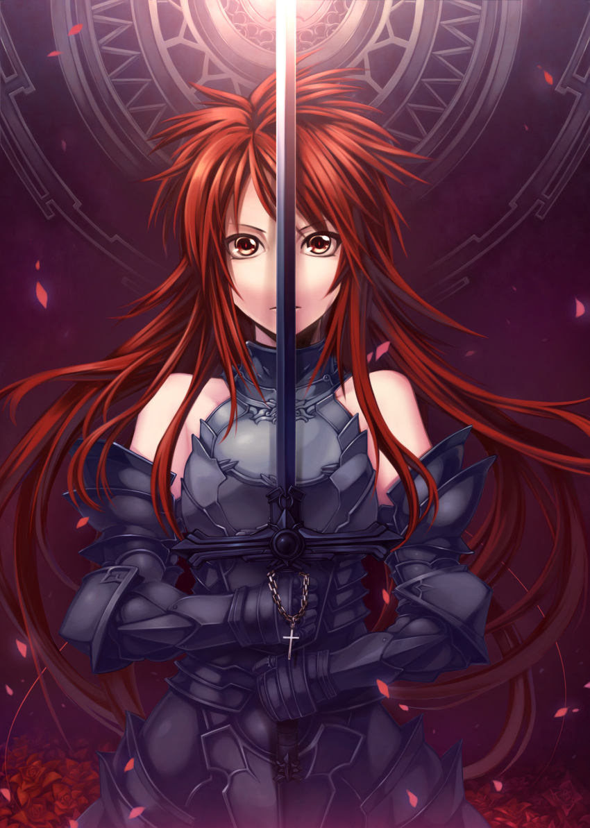 bare_shoulders, box_sentou_shoujo, cross, flower, gauntlets, highres, long_hair, original