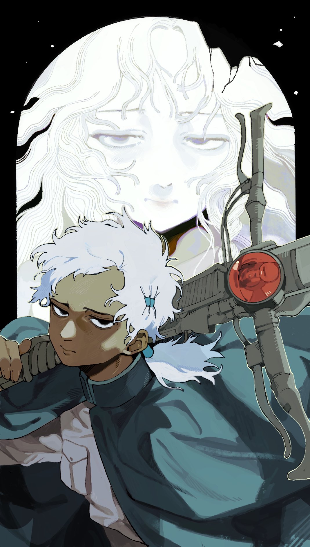 1boy, 1girl, black_eyes, blue_capelet, blue_eyes, boy_(tenshi_no_tamago), capelet, commentary