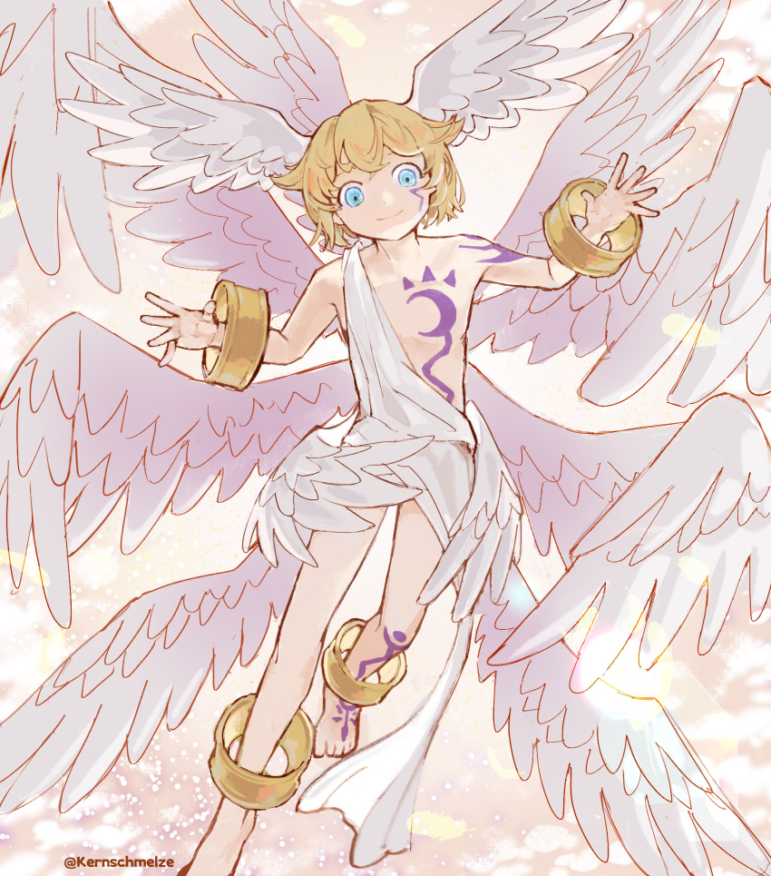 1boy, ancient_greek_clothes, angel, angel_wings, bare_shoulders, barefoot, blonde_hair, blue_eyes