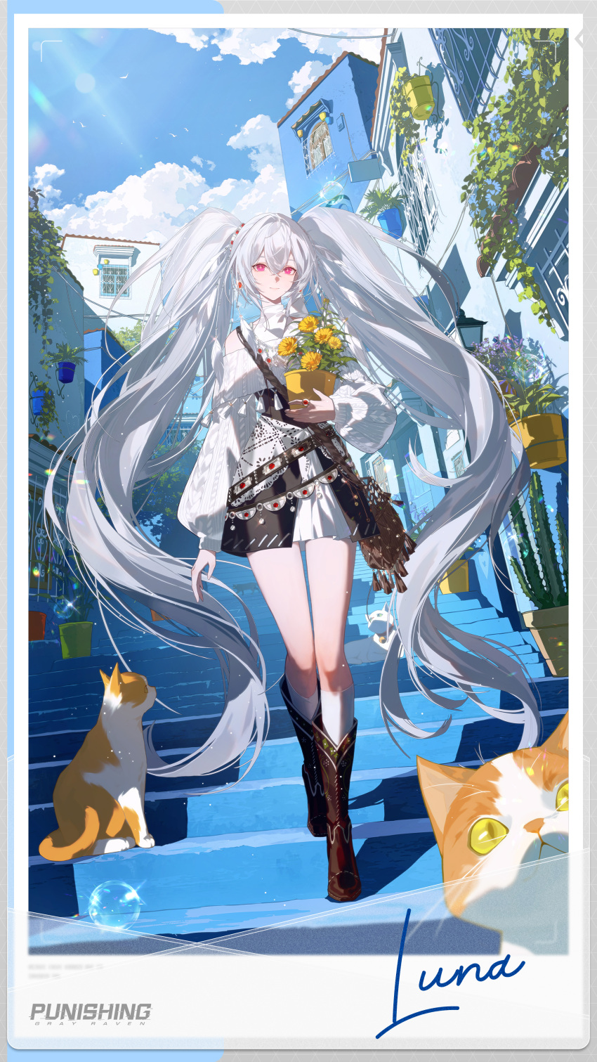 1girl, absurdly_long_hair, absurdres, boots, brown_boots, bubble, cable_knit, cactus, cat, character_name, closed_mouth, commentary, copyright_name, day, dress, english_commentary, flower_pot, full_body, halter_dress, halterneck, highres, holding, holding_flower_pot, long_hair, long_sleeves, luna:_oblivion_(pgr), luna_(pgr), off-shoulder_sweater, off_shoulder, official_art, plant, polaroid_photo, potted_plant, puffy_sleeves, punishing:_gray_raven, red_eyes, shadow, sky, sleeves_past_wrists, smile, solo, stairs, suburb, sweater, twintails, very_long_hair, walking, white_hair, white_sweater, window