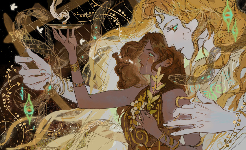 1boy, 1girl, absurdres, ancient_greek_clothes, apollo_(mythology), blonde_hair, bracelet, branch, brown_hair, brown_robe, cassandra_(mythology), crying, crying_with_eyes_open, dark-skinned_female, dark_skin, eye_symbol, from_side, gold_bracelet, greco-roman_clothes, greek_mythology, green_eyes, hand_up, heart, heart-shaped_pupils, highres, holding, holding_branch, holding_incense_burner, jewelry, long_hair, open_mouth, robe, rora_(auroradiation), size_difference, smoke, snake, symbol-shaped_pupils, tears, upper_body, very_long_hair, white_robe