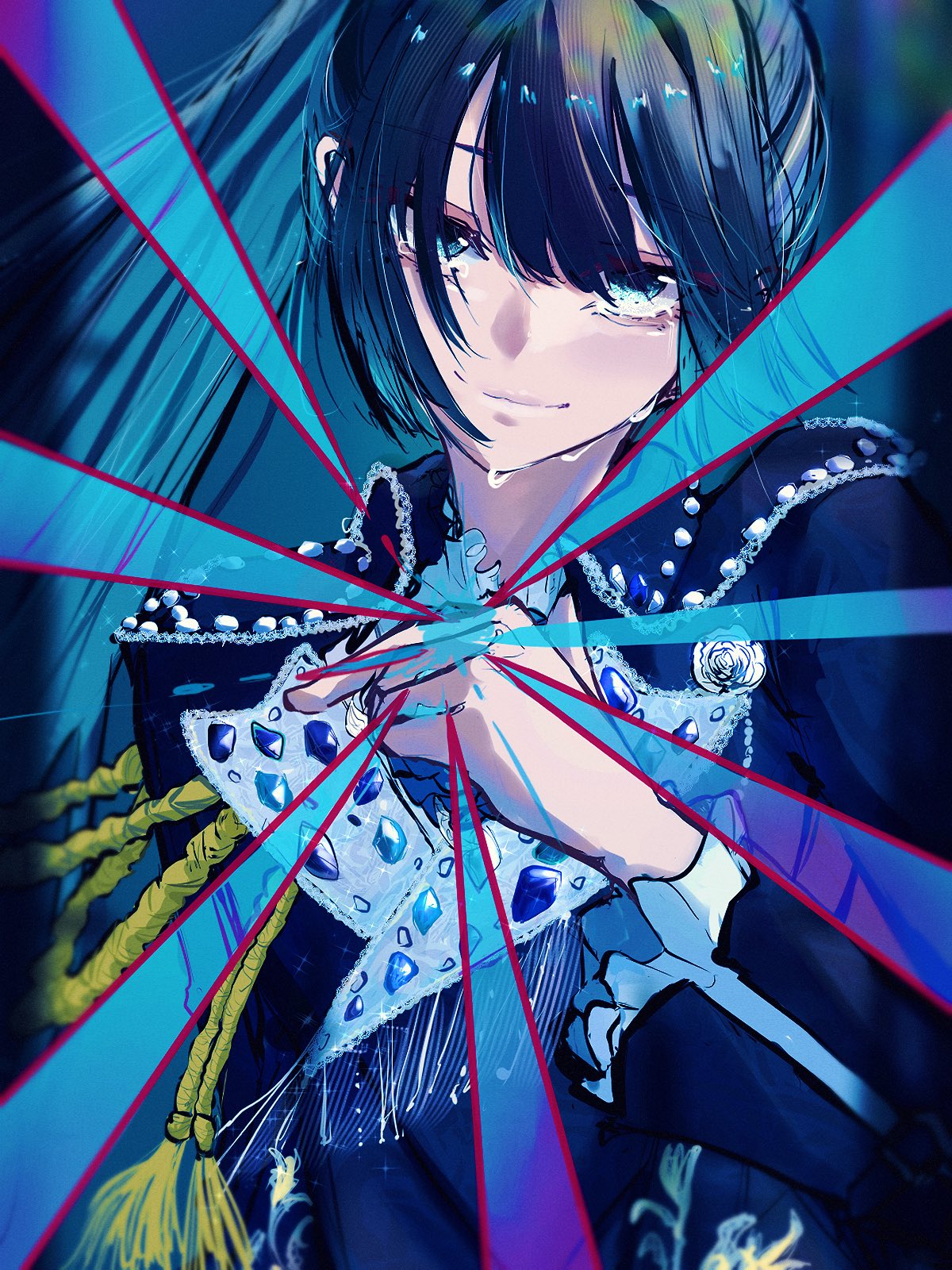 1girl, ado_(utaite), blue_eyes, blue_hair, blue_jacket, chando_(ado), closed_mouth, commentary