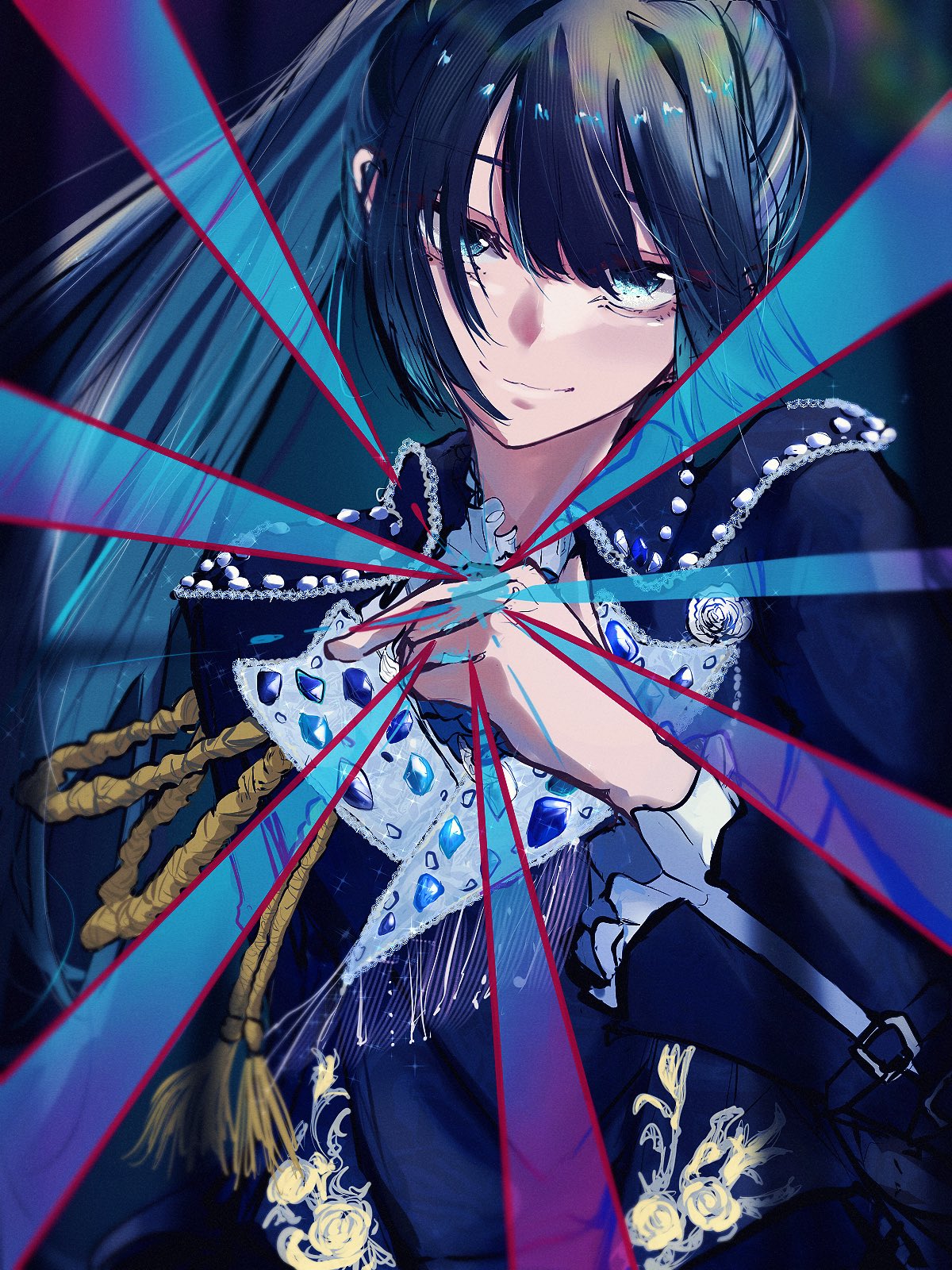 1girl, ado_(utaite), blue_eyes, blue_hair, blue_jacket, chando_(ado), closed_mouth, commentary