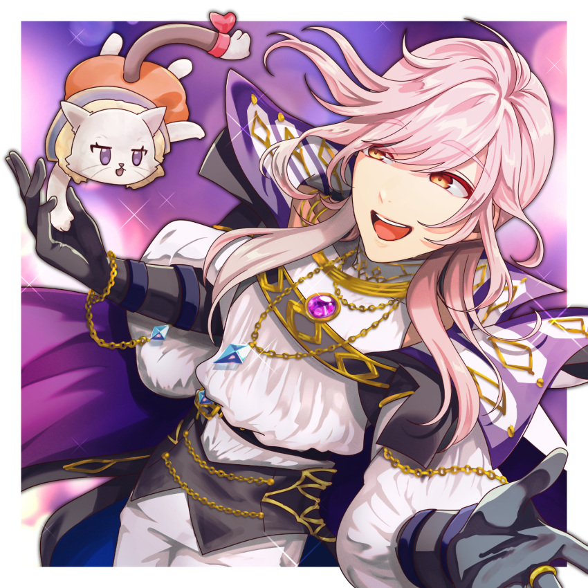 1boy, 1girl, animal_ears, black_gloves, blue_gemstone, border, cape, cat_ears