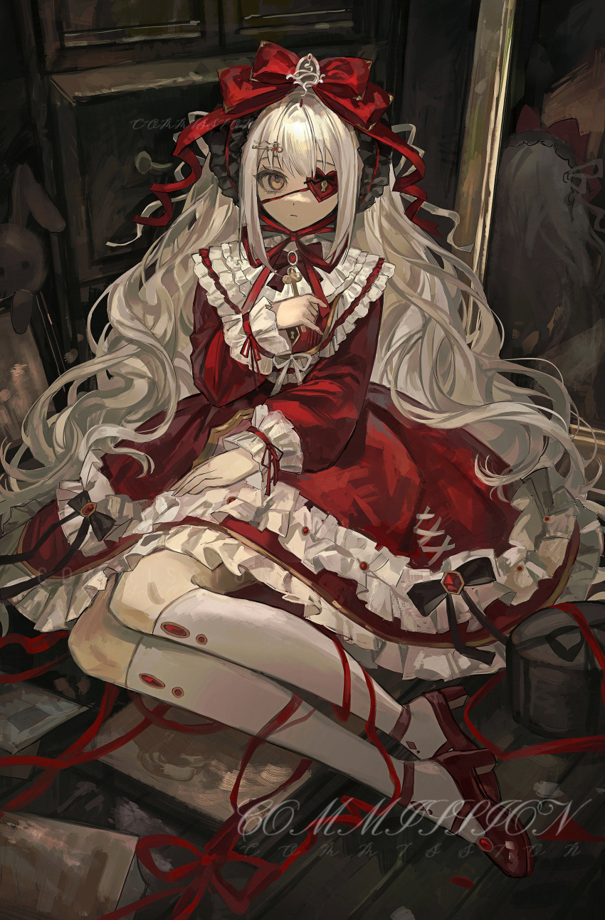 1girl, absurdres, bow, bowtie, brown_eyes, closed_mouth, commission, dress