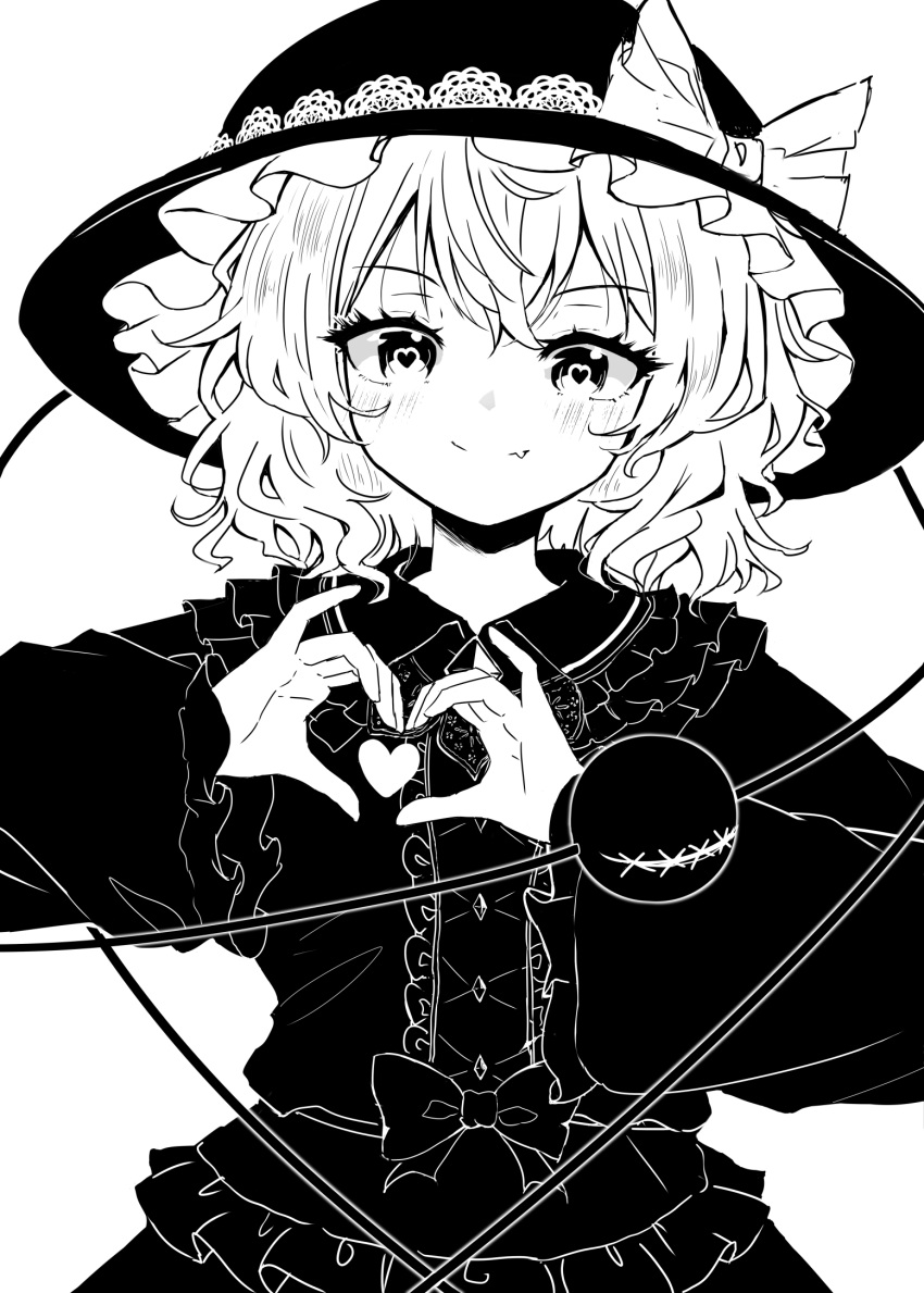 1girl, bow, buttons, diamond_button, four-finger_heart_hands, frilled_hat, frilled_shirt_collar, frilled_sleeves