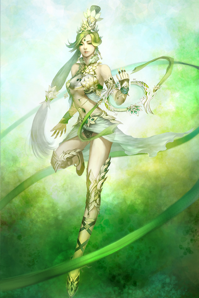 bare_shoulders, breasts, chakram, green, green_eyes, green_hair, hair_ornament, high_ponytail