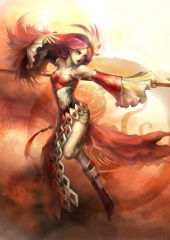 bare_shoulders, detached_sleeves, dress, fighting_stance, long_hair, ornate, polearm, red, red_eyes, red_hair, redhead, shin_sangoku_musou, shin_sangoku_musou_online, solo, standing_on_one_leg, weapon, youshun_(naturaljuice)