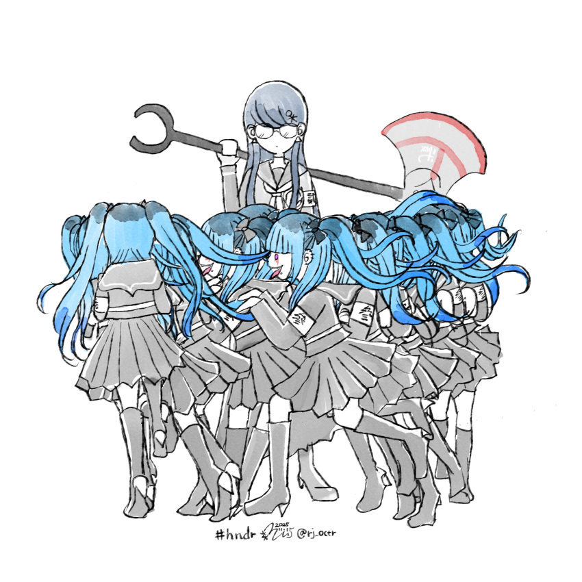 6+girls, absurdres, amemiya_darumi, armband, axe, black_boots, black_bow, black_hair, black_sailor_collar, black_serafuku, black_skirt, blue_hair, bodysuit, boots, bow, clone, closed_mouth, commentary_request, dot_mouth, ear_piercing, glasses, hair_bow, highres, holding, holding_axe, last_defense_academy_school_uniform, long_hair, multicolored_hair, multiple_girls, neckerchief, paw_pose, piercing, pink_eyes, rj_octr, running, sailor_collar, school_uniform, serafuku, shizuhara_hiruko, simple_background, skirt, solid_circle_eyes, surrounded, the_hundred_line_-last_defense_academy-, tongue, tongue_out, too_many, twintails, white_armband, white_background, white_bodysuit, white_neckerchief