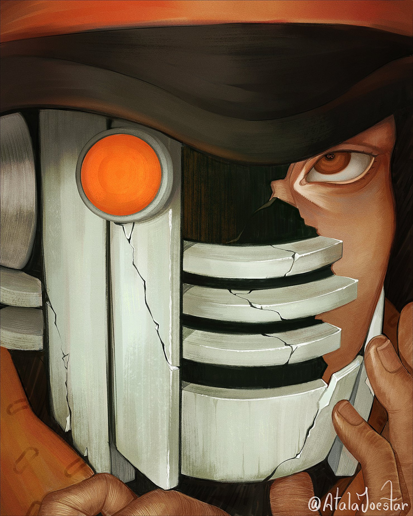 1boy, 1other, artist_name, atalajoestar, black_hair, black_hat, brown_eyes, close-up, cracked_kawaii_mask, english_commentary, eye_focus, hat, highres, holding, jojo_no_kimyou_na_bouken, jojolion, looking_at_viewer, male_focus, orange_eyes, orange_scarf, scarf, solo, stand_(jojo), toru_(jojolion), twitter_username, wonder_of_u