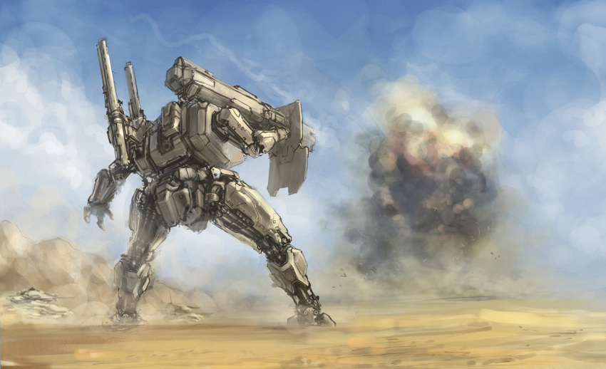 bazooka, desert, explosion, mecha, military, military_vehicle, no_humans, original, prog_wang, tank, vehicle, weapon