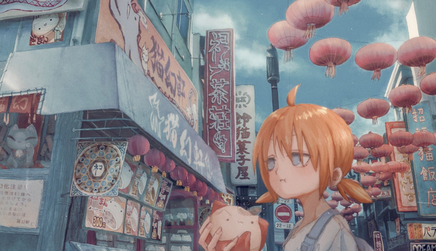 1girl, :t, ahoge, animal-themed_food, awning, blue_eyes, blue_sky, clouds, cloudy_sky, cosmos_34, eating, evening, festival, food, highres, holding, holding_food, lantern, market_stall, orange_hair, original, outdoors, paper_lantern, short_twintails, sign, sky, solo, star_(sky), steamed_bun, twintails