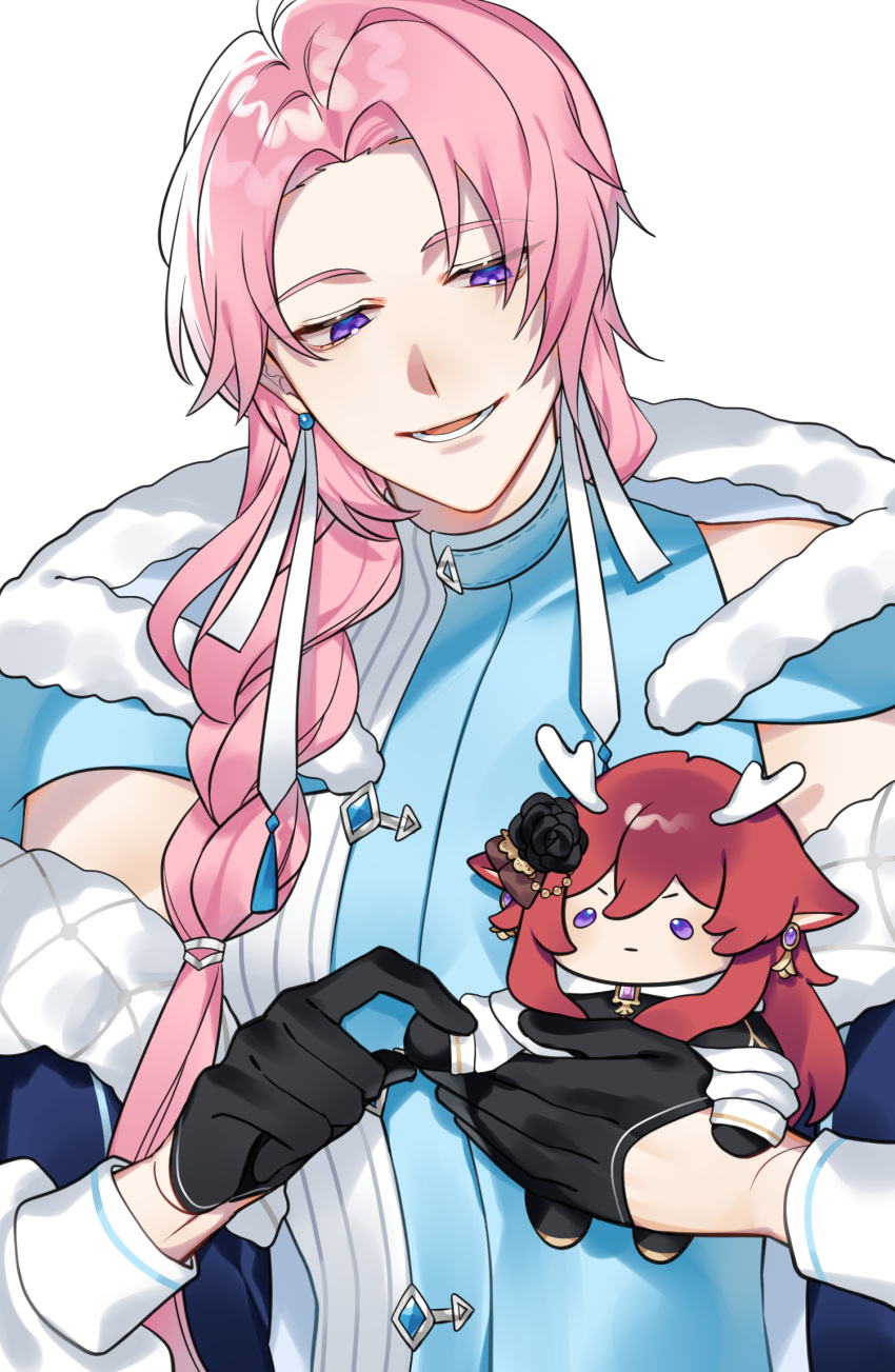 1boy, :d, bare_shoulders, black_gloves, blue_cape, blue_jacket, blue_shirt, braid