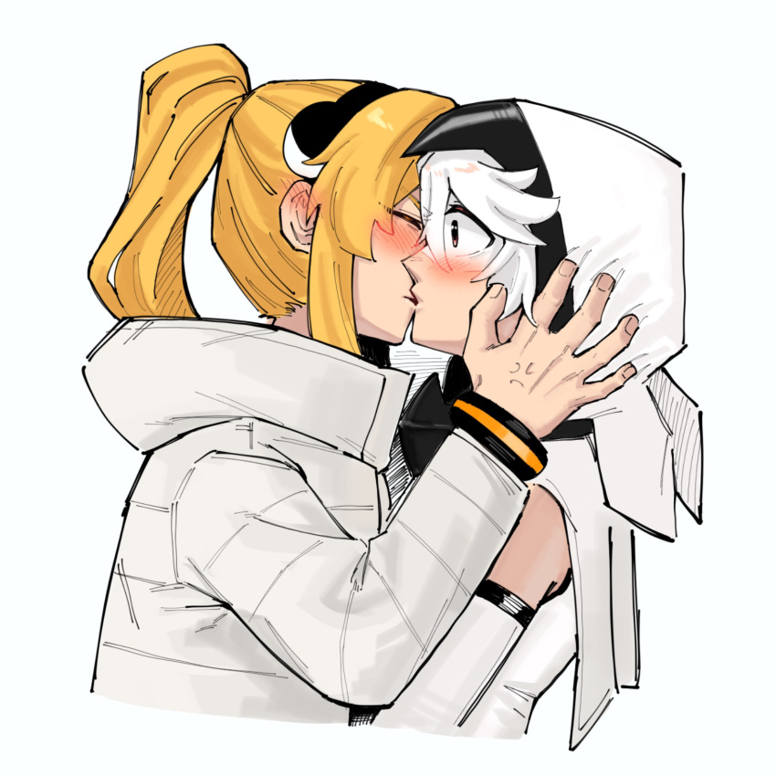 2girls, anger_vein, blonde_hair, blush, closed_eyes, commentary, gmeg011, hashtag-only_commentary, highres, hood, hood_up, jacket, kiss, koishikawa_iko, long_sleeves, multiple_girls, ponytail, red_eyes, shirt, shy_(character), shy_(series), simple_background, spoilers, white_background, white_hair, white_hood, white_jacket, yuri