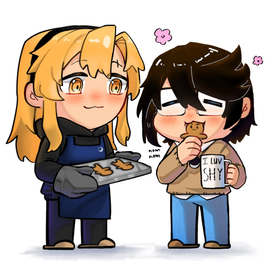 2girls, apron, black_hair, black_hoodie, blonde_hair, blue_apron, blue_pants, brown_sweater