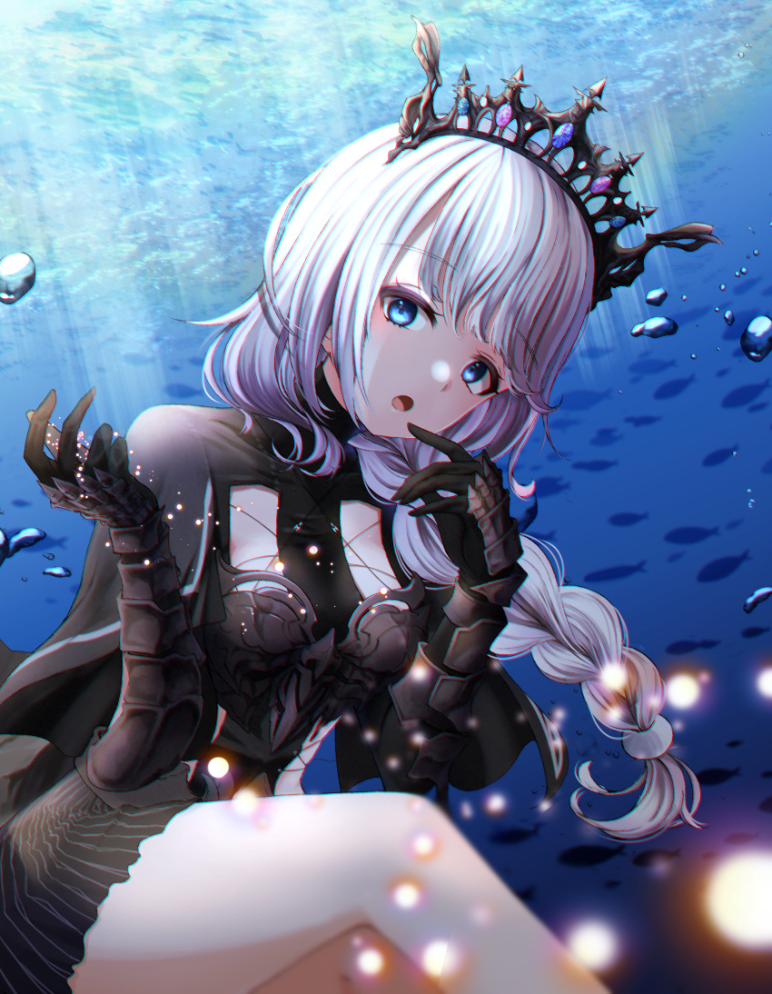1girl, absurdres, air_bubble, black_dress, black_gloves, blue_eyes, braid, breasts
