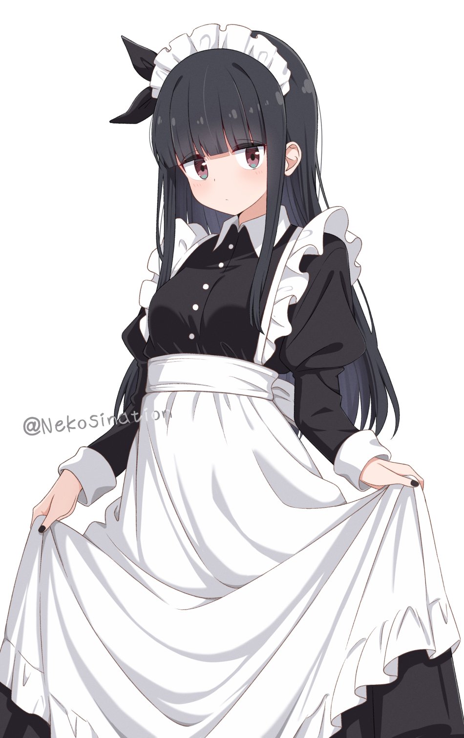 1girl, alternate_costume, apron, black_dress, black_hair, black_ribbon, blunt_bangs, blush