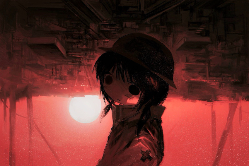 1girl, brodie_helmet, chito_(shoujo_shuumatsu_ryokou), city, closed_mouth, combat_helmet, expressionless, helmet, highres, low_twintails, military_uniform, monochrome, red_theme, shoujo_shuumatsu_ryokou, solo, sun, sunrise, twintails, upside-down_world, z_oio9